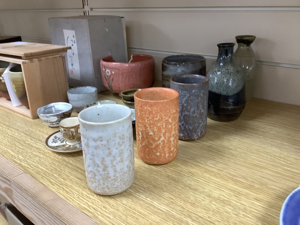 A Satsuma miniature cup and saucer and a collection of Japanese Studio pottery, some signed